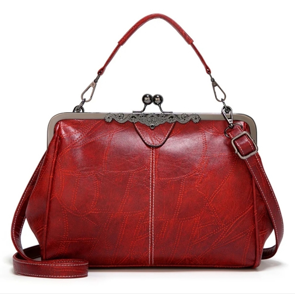 Vintage Kiss Lock Handbag PU Leather Crossbody Satchel Purse Red retro slip purs